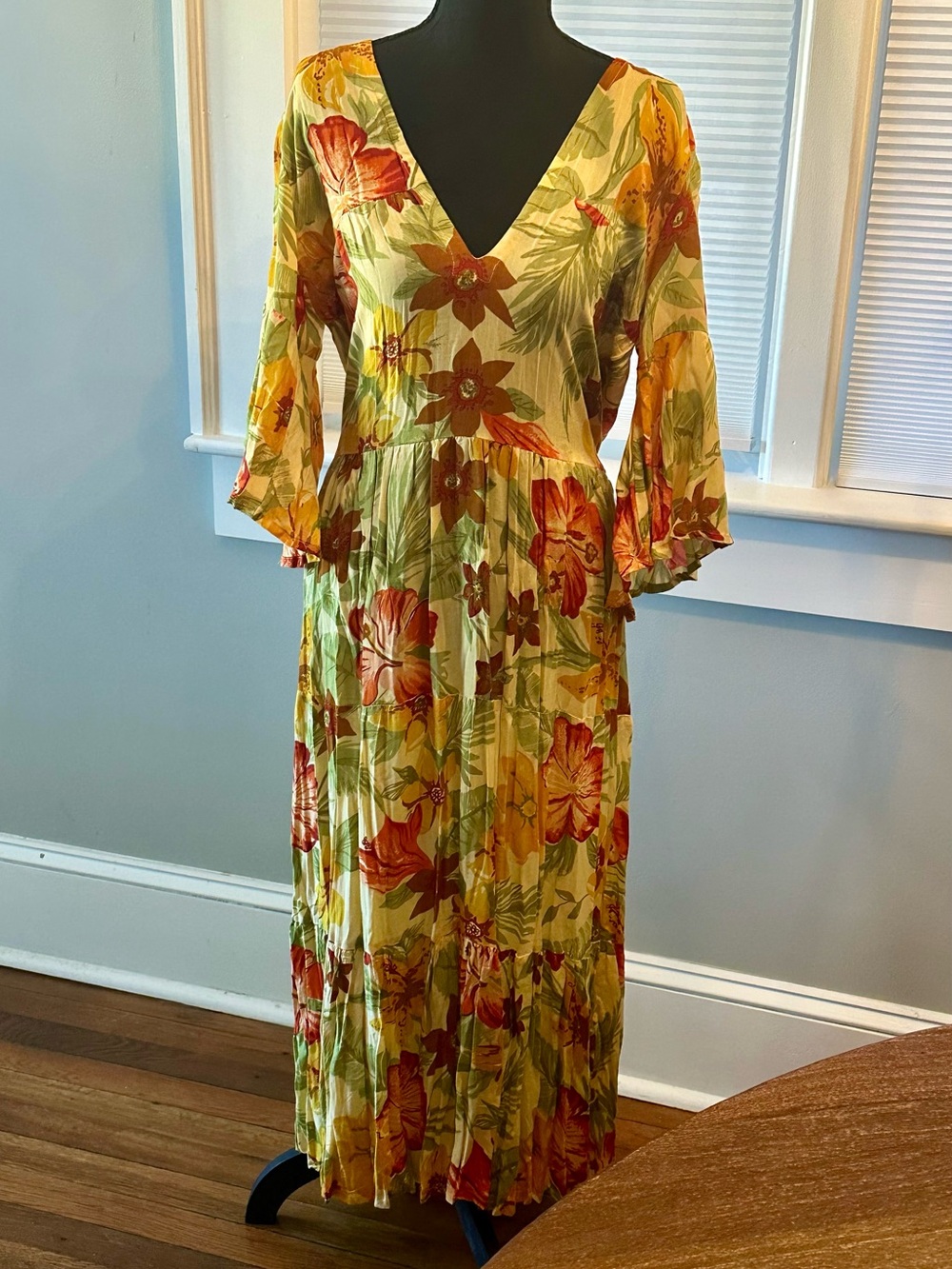 Anthropologie Faithfull the Brand Yellow Floral V-Neck Midi Dress